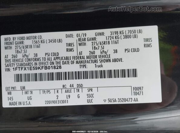1FTFX1E59KFB01828 2019 FORD F150 Black Vista del compartimento del motor