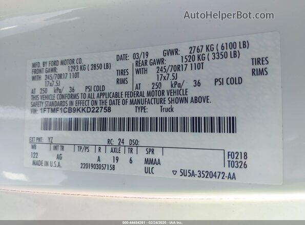 1FTMF1CB9KKD22758 2019 FORD F150 White Շարժիչի բաժամունքի տեսք