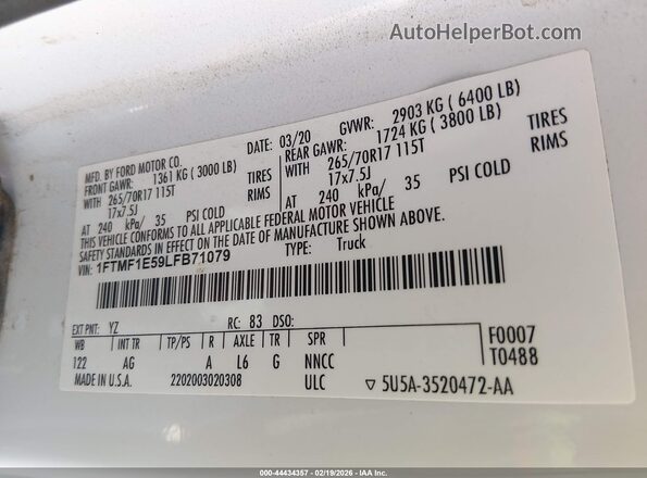 1FTMF1E59LFB71079 2020 FORD F150 Белый Вид подкапотного пространства