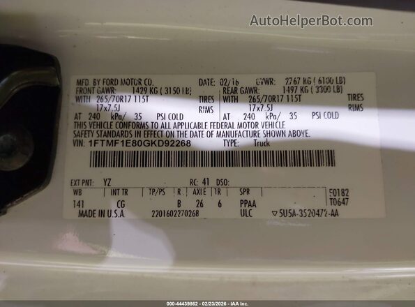 1FTMF1E80GKD92268 2016 FORD F150 Белый Вид подкапотного пространства