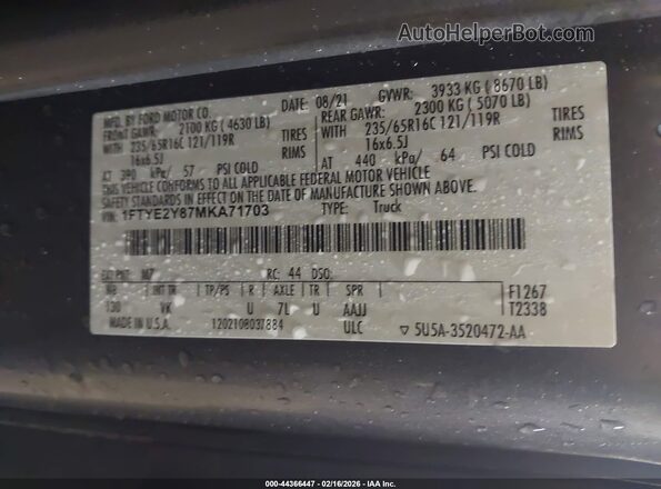 1FTYE2Y87MKA71703 2021 FORD TRANSIT-150 Серый Вид подкапотного пространства