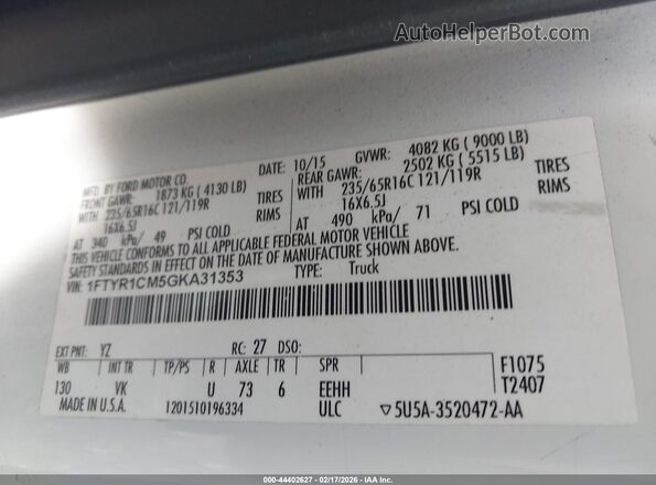 1FTYR1CM5GKA31353 2016 FORD TRANSIT-250 White Widok komory silnika