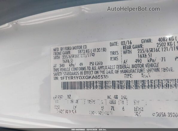 1FTYR1YGXGKA85539 2016 FORD TRANSIT-250 White Widok komory silnika