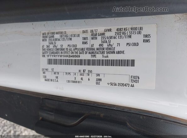 1FTYR1YM1HKB49569 2017 FORD TRANSIT-250 White Շարժիչի բաժամունքի տեսք