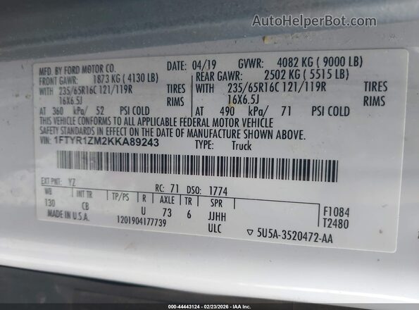 1FTYR1ZM2KKA89243 2019 FORD TRANSIT-250 Белый Вид подкапотного пространства
