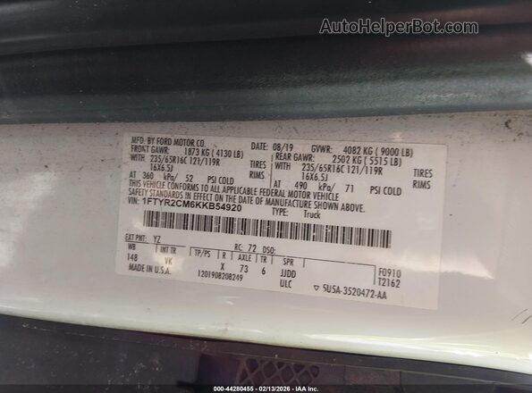 1FTYR2CM6KKB54920 2019 FORD TRANSIT-250 Белый Вид подкапотного пространства