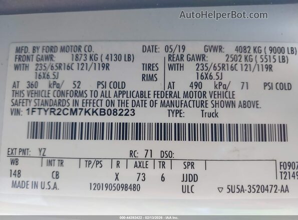1FTYR2CM7KKB08223 2019 FORD TRANSIT-250 Белый Вид подкапотного пространства