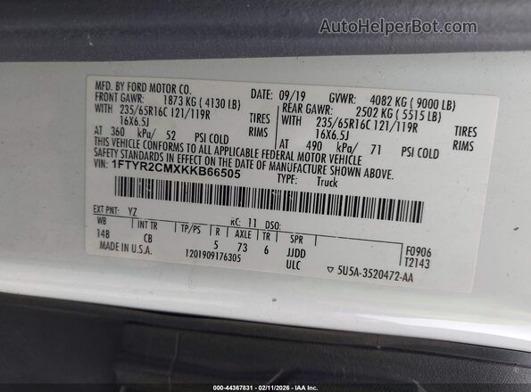 1FTYR2CMXKKB66505 2019 FORD TRANSIT-250 Белый Вид подкапотного пространства