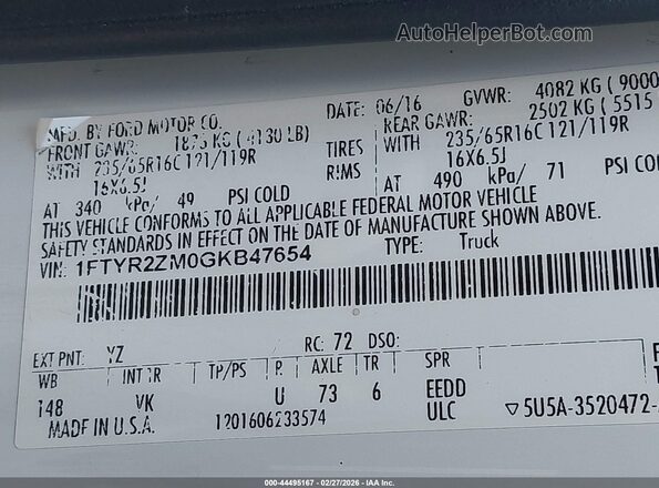 1FTYR2ZM0GKB47654 2016 FORD TRANSIT-250 White Widok komory silnika
