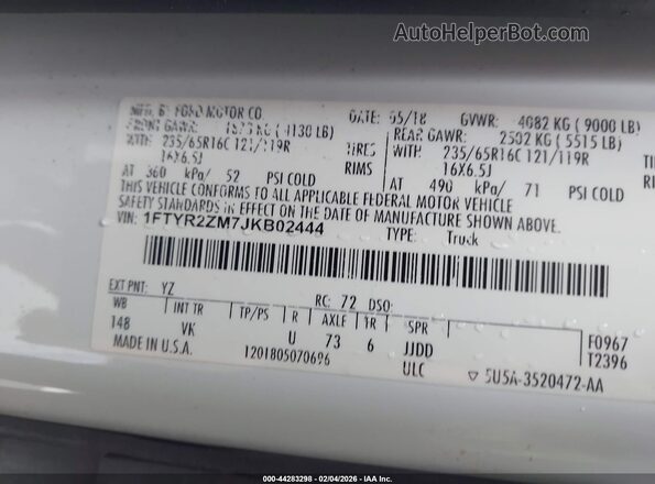 1FTYR2ZM7JKB02444 2018 FORD TRANSIT-250 White Widok komory silnika