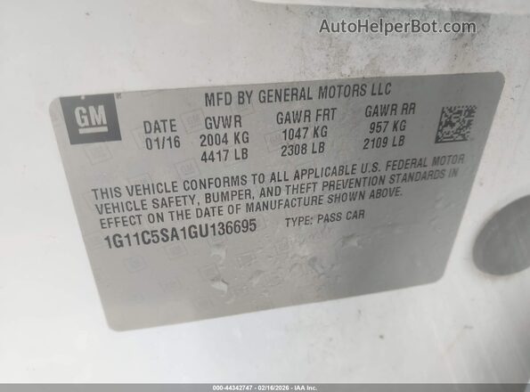 1G11C5SA1GU136695 2016 CHEVROLET MALIBU Белый Вид подкапотного пространства