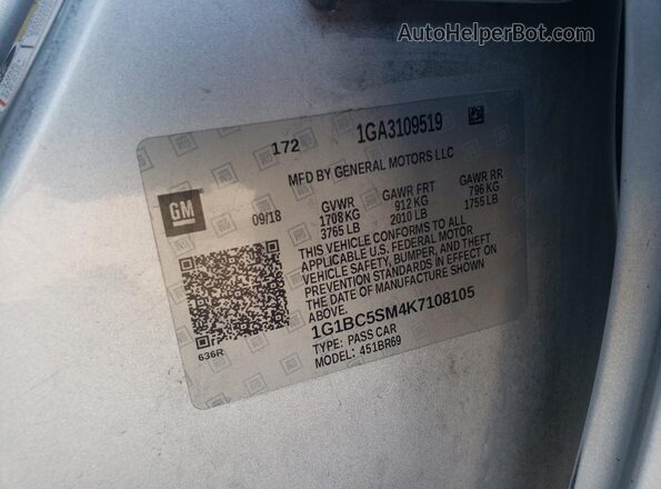 1G1BC5SM4K7108105 2019 CHEVROLET CRUZE Серебряный Вид наклейки с VIN-кодом