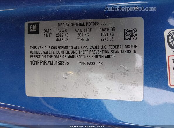 1G1FF1R71J0138395 2018 CHEVROLET CAMARO Синий Вид подкапотного пространства