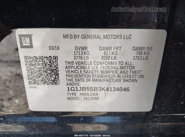 1G1JB5SB3K4134046 2019 CHEVROLET SONIC Black Widok komory silnika