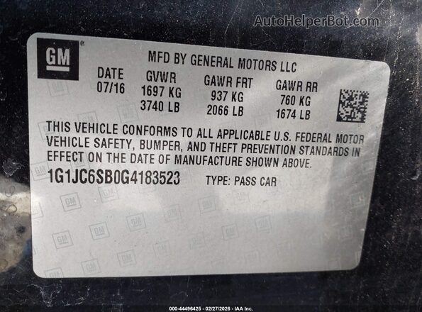 1G1JC6SB0G4183523 2016 CHEVROLET SONIC Черный Вид подкапотного пространства