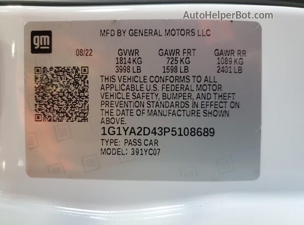 1G1YA2D43P5108689 2023 CHEVROLET CORVETTE Белый Вид наклейки с VIN-кодом
