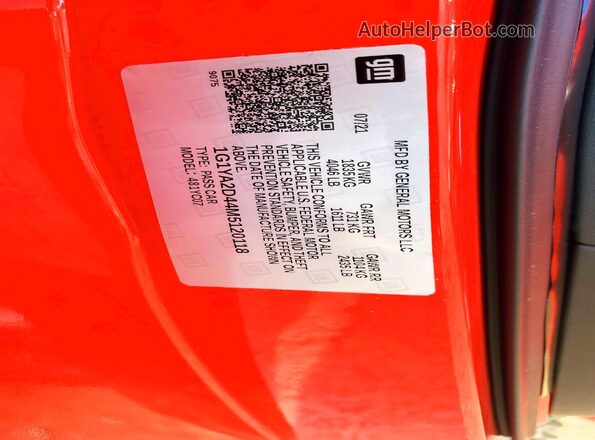 1G1YA2D44M5120118 2021 CHEVROLET CORVETTE Red Вид наклейки з VIN-кодом