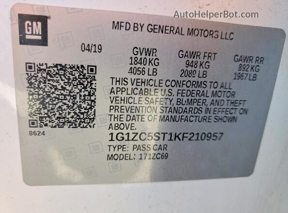 1G1ZC5ST1KF210957 2019 CHEVROLET MALIBU Белый Вид подкапотного пространства