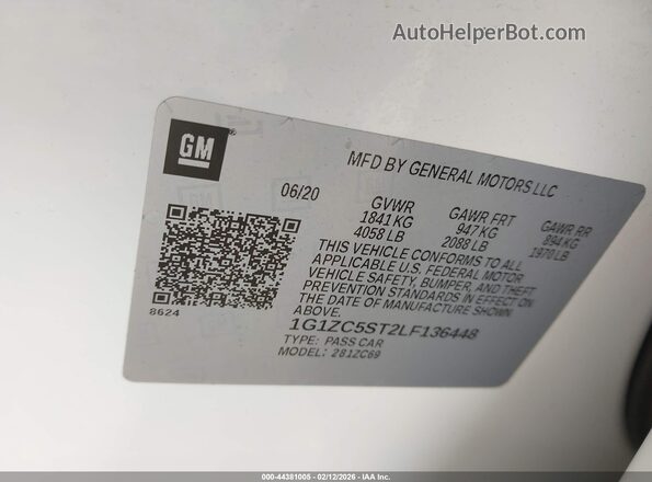 1G1ZC5ST2LF136448 2020 CHEVROLET MALIBU Белый Вид подкапотного пространства