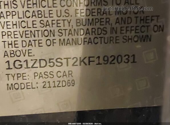 1G1ZD5ST2KF192031 2019 CHEVROLET MALIBU Синий Вид подкапотного пространства