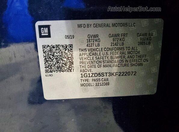 1G1ZD5ST3KF222072 2019 CHEVROLET MALIBU Blue ძრავის განყოფილების ხედი