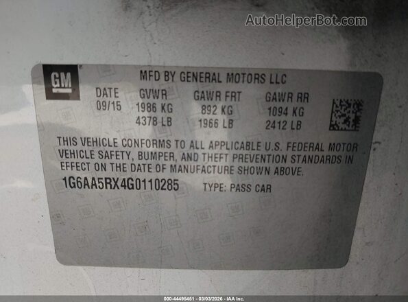 1G6AA5RX4G0110285 2016 CADILLAC ATS Белый Вид подкапотного пространства