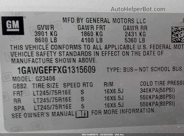 1GAWGEFFXG1315609 2016 CHEVROLET EXPRESS Белый Вид наклейки с VIN-кодом