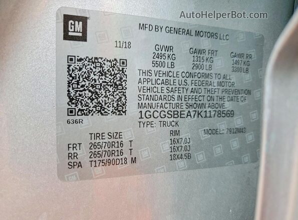 1GCGSBEA7K1178569 2019 CHEVROLET COLORADO Silver Widok naklejki z numerem VIN