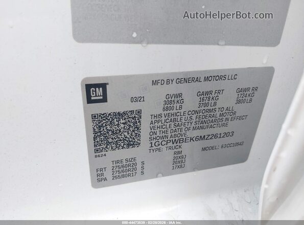 1GCPWBEK6MZ261203 2021 CHEVROLET SILVERADO Белый Вид подкапотного пространства