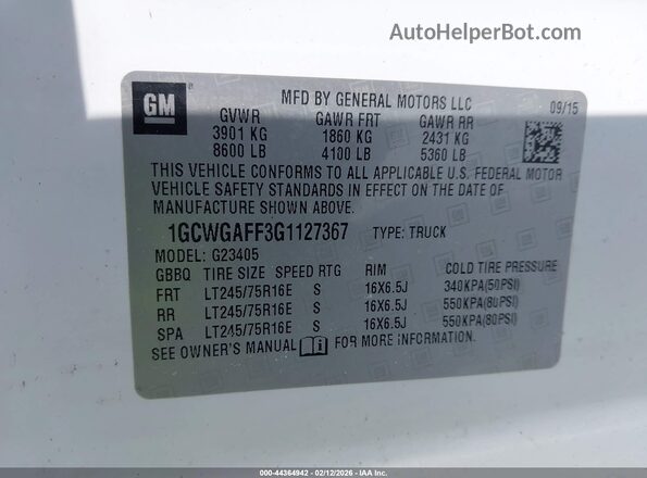 1GCWGAFF3G1127367 2016 CHEVROLET EXPRESS White Вид підкапотного простору