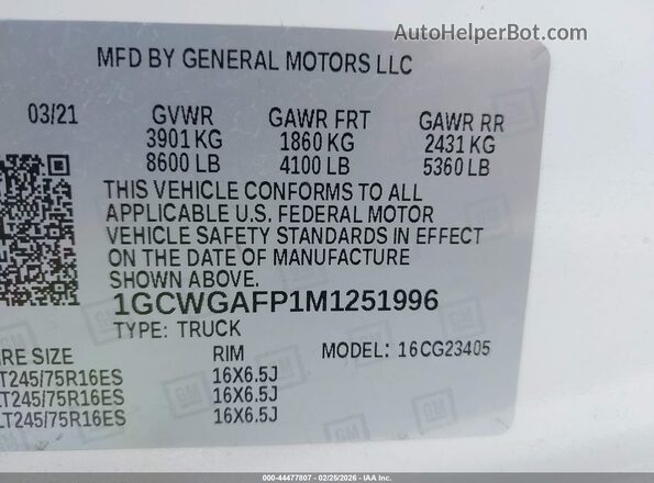 1GCWGAFP1M1251996 2021 CHEVROLET EXPRESS White Widok komory silnika