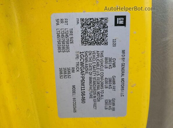 1GCWGAFP6M1166460 2021 CHEVROLET EXPRESS Желтый Вид наклейки с VIN-кодом