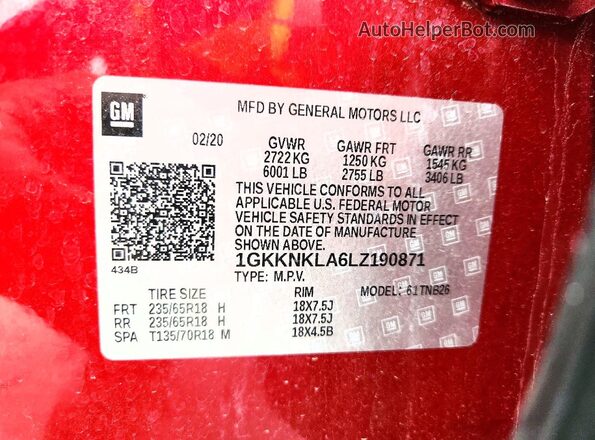 1GKKNKLA6LZ190871 2020 GMC ACADIA Красный Вид наклейки с VIN-кодом