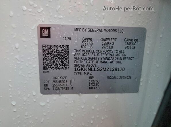 1GKKNLLS2MZ138170 2021 GMC ACADIA White Вид наклейки з VIN-кодом