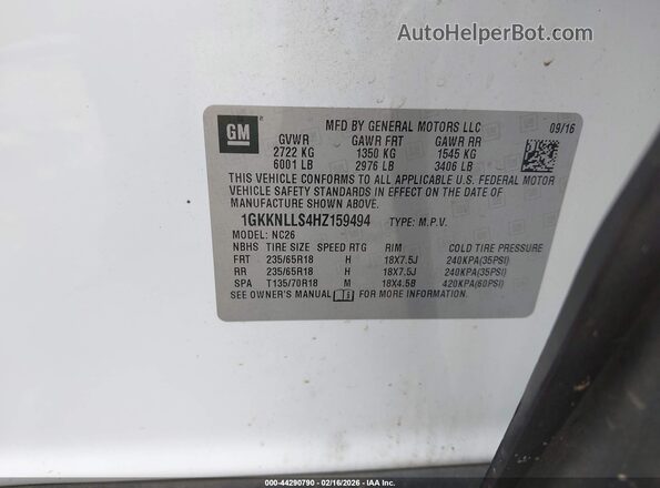 1GKKNLLS4HZ159494 2017 GMC ACADIA Белый Вид подкапотного пространства