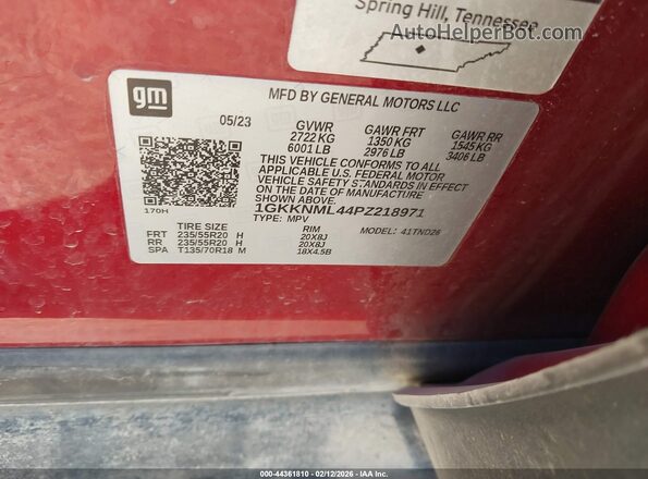 1GKKNML44PZ218971 2023 GMC ACADIA Red VIN կոդի պիտակի տեսք