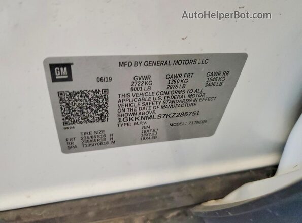 1GKKNMLS7KZ285751 2019 GMC ACADIA White Вид наклейки з VIN-кодом