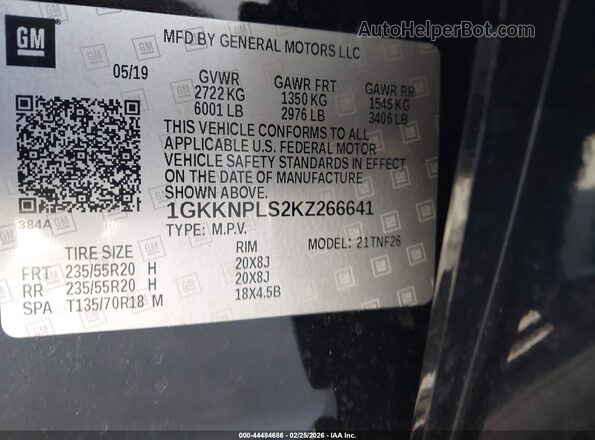 1GKKNPLS2KZ266641 2019 GMC ACADIA Black Вид підкапотного простору