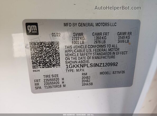 1GKKNPLS8NZ120992 2022 GMC ACADIA Белый Вид подкапотного пространства