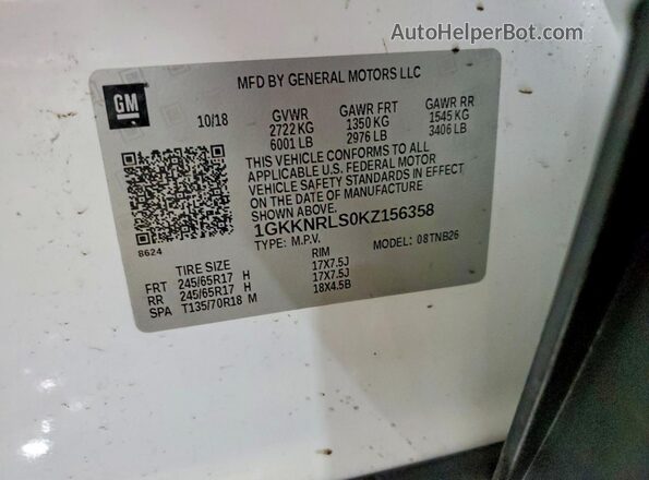 1GKKNRLS0KZ156358 2019 GMC ACADIA White Widok naklejki z numerem VIN