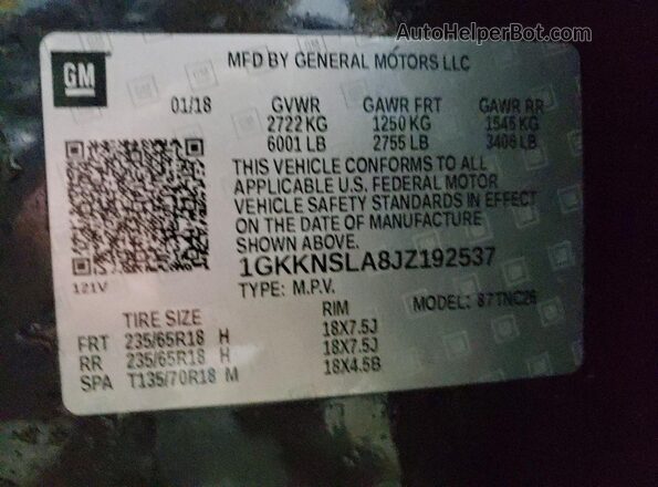 1GKKNSLA8JZ192537 2018 GMC ACADIA Угольный Вид наклейки с VIN-кодом