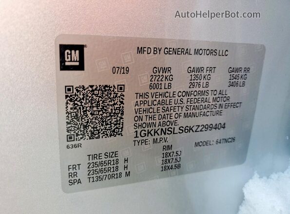 1GKKNSLS6KZ299404 2019 GMC ACADIA Silver VIN კოდის სტიკერის ხედი