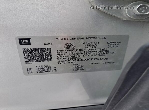 1GKKNSLSXKZ258709 2019 GMC ACADIA Silver 360 interior view