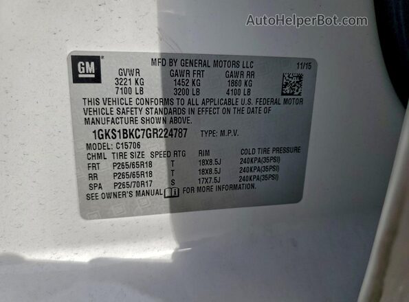 1GKS1BKC7GR224787 2016 GMC YUKON White Widok naklejki z numerem VIN