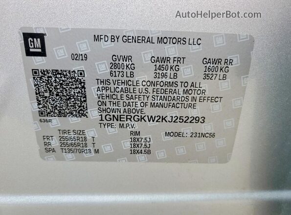 1GNERGKW2KJ252293 2019 CHEVROLET TRAVERSE Серебряный Вид наклейки с VIN-кодом