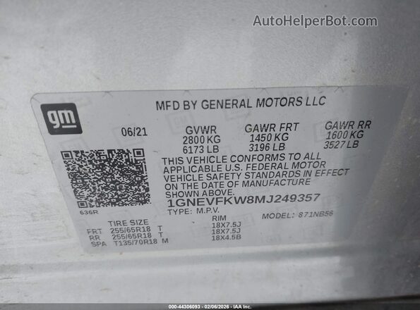 1GNEVFKW8MJ249357 2021 CHEVROLET TRAVERSE Серебряный Вид подкапотного пространства
