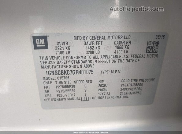 1GNSCBKC7GR401075 2016 CHEVROLET TAHOE Кремовый Вид подкапотного пространства