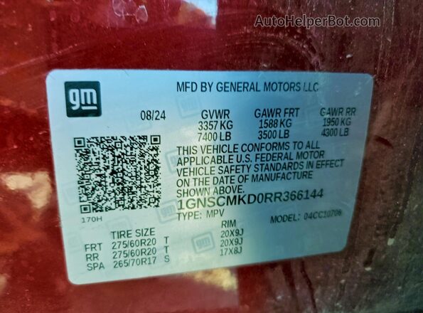 1GNSCMKD0RR366144 2024 CHEVROLET TAHOE Red Vista interior de 360 grados