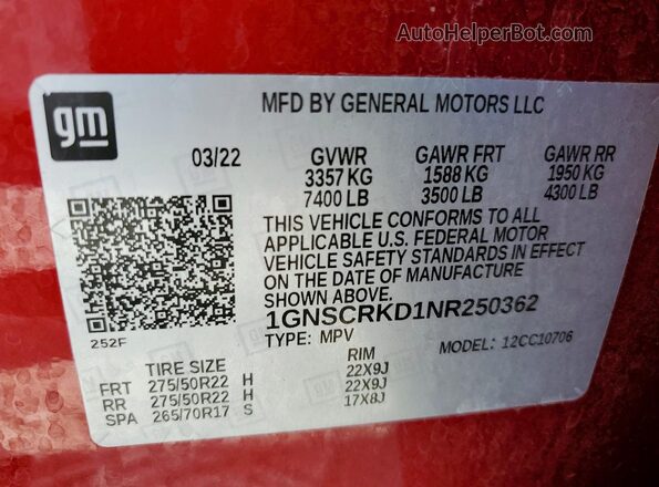 1GNSCRKD1NR250362 2022 CHEVROLET TAHOE Красный Вид наклейки с VIN-кодом