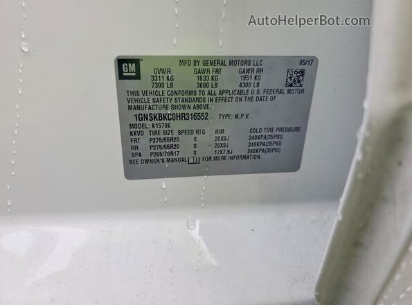 1GNSKBKC0HR316552 2017 CHEVROLET TAHOE Белый Панорамный вид салона 360°